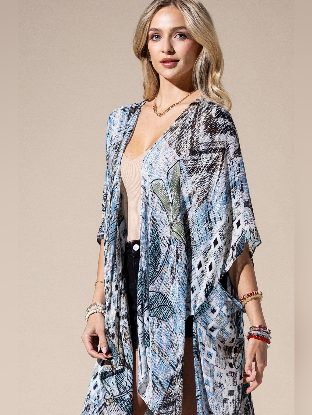 Abstract Boho Floral Open Front Kimono or Swimsuit Coverup Lightweight NWT - Picture 7 of 7